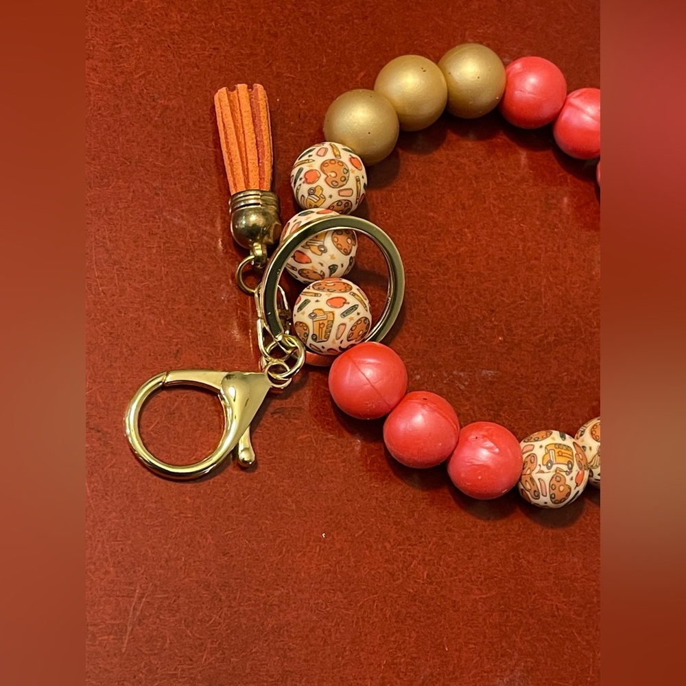 Gold and Pink Beaded Keychain Bracelet